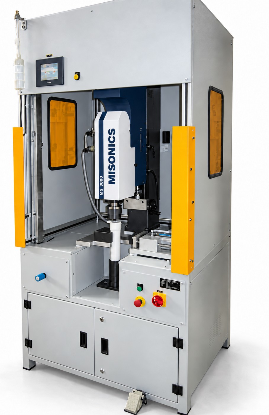A Misonics spin welder — an MS 3000 head in a guarded cell with a touchscreen, light guards and a foot pedal