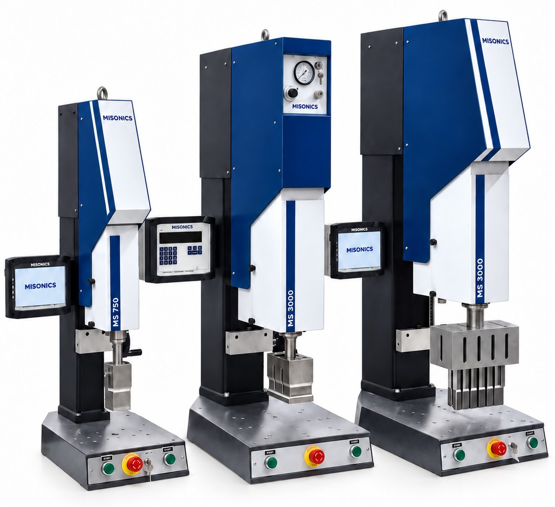 Misonics ultrasonic welding presses — an MS 750 and two MS 3000 bench presses